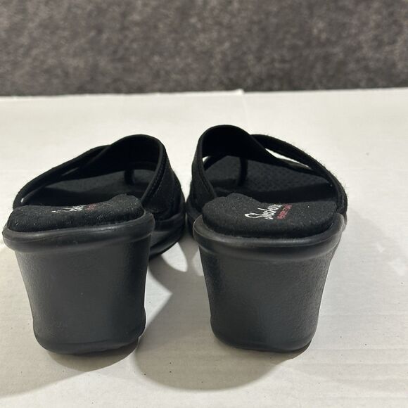 Skechers Womens Sz 9 Memory Foam Sandals Black Heel Wedge Slip On Strappy - Picture 11 of 16